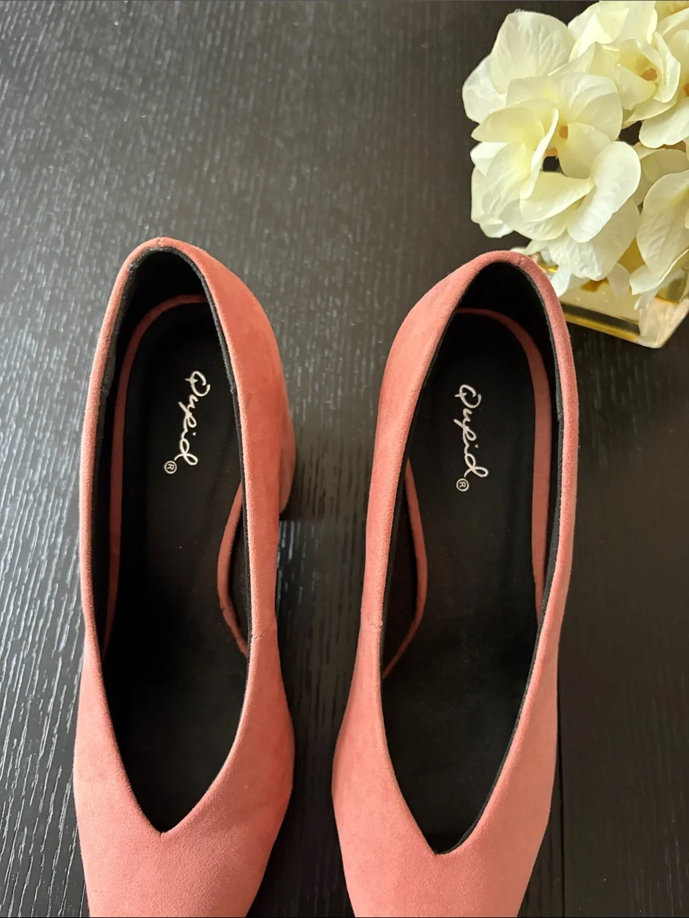 Cupid Coral Pink Suede Pointed V-Cut Block Heel Pumps